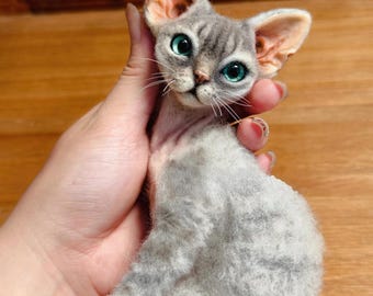Custom Needle Felt Devon Rex Figurine-Custom Wool Felting Pet Portrait-Stuffed Cute Kitten Plush Gift, Pet Loss Memorial,