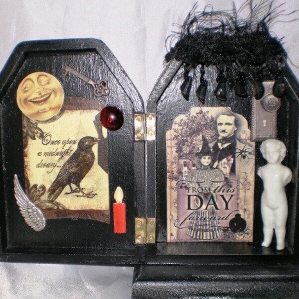 Wooden Gothic Shrine Tribute to Edgar Allan Poe with Large Frozen Charlotte