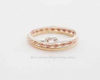 Tricolor Stacking Ring Set Knot Ring Twist Ring Band Silver Rose Gold Stackable Rings