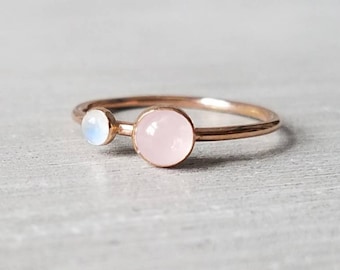 Rose Quartz Rainbow Moonstone Ring in Rose Gold