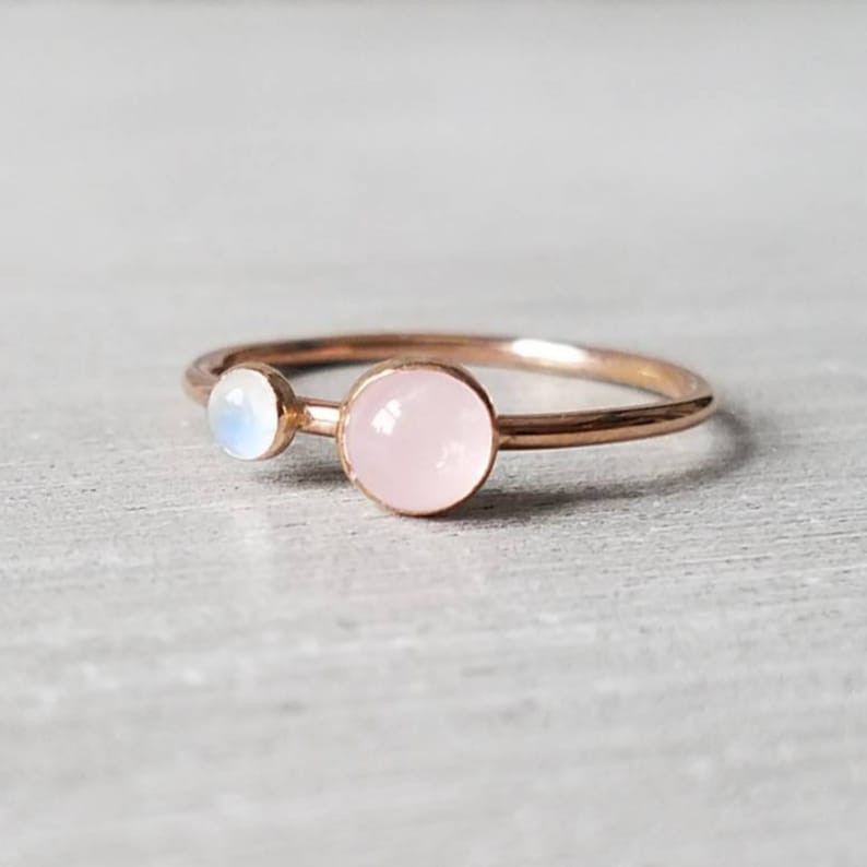 Rose Quartz Rainbow Moonstone Ring in Rose Gold 