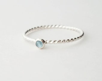 Aquamarine Twist Ring Sterling Silver Stacking Ring