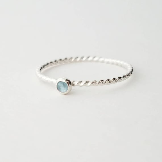 Aquamarine Twist Ring Sterling Silver Stacking Ring