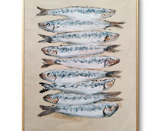 オリジナルのイワシの油絵：地中海沿岸のキッチン壁装飾（イギリス・ヨーロッパ）