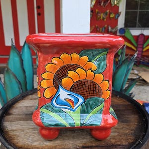 May include: A vibrant red ceramic planter with a hand-painted sunflower design. The planter features a rectangular shape with rounded corners and small red feet. The sunflower has orange and brown petals with green leaves and a blue and white flower accent.