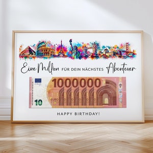Geldgeschenk voor verjaardagsreisfonds | Cadeau Wereldreis | eerste miljoen | Last minute cadeau downloaden om zelf af te drukken | PDF