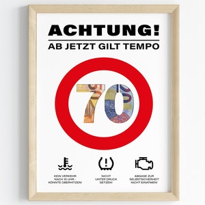 Cadeau en espèces pour un 70e anniversaire | ATTENTION cadeau d'anniversaire Tempo soixante-dix | idée cadeau créative Télécharger le PDF | Affiche ronde anniversaire