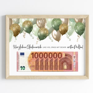 Geld cadeau voor verjaardag | Verjaardagscadeau | eerste miljoen | Last minute cadeau downloaden om zelf af te drukken | PDF-bestand | Geld geven