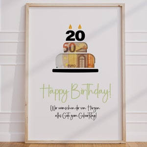 Presente em dinheiro para aniversário de 20 anos | Bolo de aniversário presente de aniversário | ideia criativa para presente Baixar PDF | Cartaz redondo de aniversário