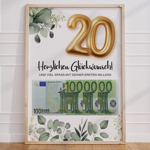 Presente em dinheiro para o primeiro milhão do 20º aniversário | Presente de aniversário | Ideia de presente Baixar PDF | Cartaz de aniversário | vigésimo aniversário