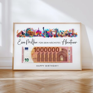 Cash gift for a birthday travel fund | Gift for a trip around the world | First million | Last-minute gift | Download for self-printing | PDF