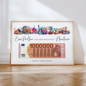 Prezent pieniężny na fundusz podróży urodzinowej | Prezent na podróż dookoła świata | Pierwszy milion | Prezent na ostatnią chwilę | Pobierz do samodzielnego wydrukowania | PDF