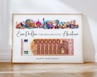 Geldgeschenk zum Geburtstag Reisekasse | Geschenk Weltreise | erste Million | Last Minute Geschenk Download zum Selbstdrucken | PDF