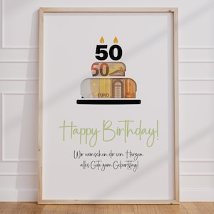 Geldgeschenk voor 50e verjaardag | Taart Geld Verjaardagscadeau | creatief cadeau-idee direct downloaden PDF | Posterronde verjaardag