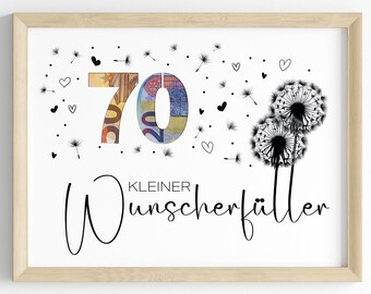 Cash gift for a 70th birthday | Wish-fulfilling birthday gift | Creative gift idea, instant PDF download | Round birthday poster