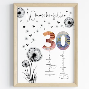 Geldgeschenk voor 30e verjaardag | Wensvervullend verjaardagscadeau | creatief cadeau-idee direct downloaden PDF | Posterronde verjaardag