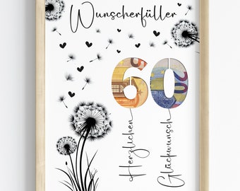 Cash gift for a 60th birthday | Wish-fulfilling birthday gift | Creative gift idea, instant PDF download | Round birthday poster