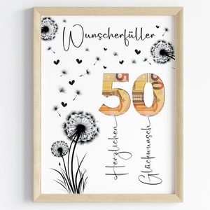 Geldgeschenk zum 50. Geburtstag | Wunscherfüller Geburtstagsgeschenk | kreative Geschenk Idee sofort Download PDF | Poster runder Geburtstag