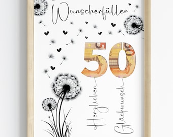 Geld cadeau voor een 50e verjaardag | Wensenvervullend verjaardagscadeau | Creatief cadeau-idee, direct te downloaden als PDF | Ronde verjaardagsposter
