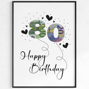Geldgeschenk voor 80e verjaardag | Gefeliciteerd met je verjaardag | Verjaardagscadeau creatief cadeau-idee direct downloaden PDF | Posterronde verjaardag