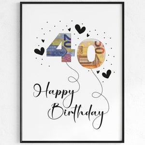 Regalo en efectivo para el 40 cumpleaños | Feliz Cumpleaños Regalo de Cumpleaños | idea de regalo creativa descarga instantánea PDF | Póster de cumpleaños redondo