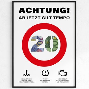 Presente engraçado em dinheiro para uma ideia de aniversário de 20 anos | Atenção Tempo 20 presente de aniversário | download de presente criativo | Pôster redondo de aniversário