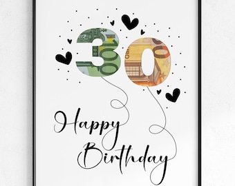 Cash gift for a 30th birthday | Happy Birthday birthday present | Creative gift idea, instant PDF download | Poster for a milestone birthday