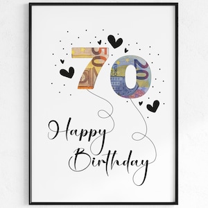 Geldgeschenk zum 70. Geburtstag | Happy Birthday Geburtstagsgeschenk | kreative Geschenk Idee sofort Download PDF | Poster runder Geburtstag