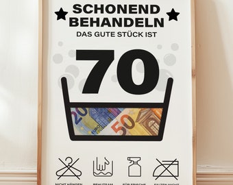 Cash gift for a 70th birthday | Treat this birthday gift with care | Creative gift idea | Download PDF | Poster for a milestone birthday