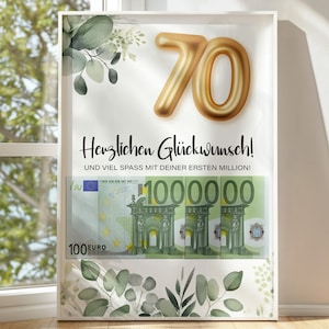 Cadeau en espèces pour un 70e anniversaire | premier million | Cadeau d'anniversaire | Cadeau d'anniversaire de dernière minute à télécharger instantanément en PDF | soixante-dix cadeaux