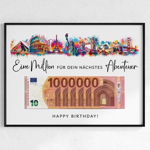 Cadeau en argent pour un voyage d'anniversaire | Cadeau Tour du Monde | premier million | Téléchargement de cadeau de dernière minute pour auto-impression | PDF