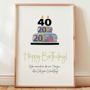 Geldgeschenk zum 40. Geburtstag | kreatives Geburtstagsgeschenk DIY | kreative Geschenk Idee sofort Download PDF | Poster runder Geburtstag
