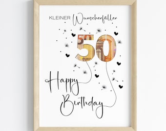 Geld cadeau voor een 50e verjaardag | Wensenvervullend verjaardagscadeau | Creatief cadeau-idee, direct te downloaden als PDF | Ronde verjaardagsposter