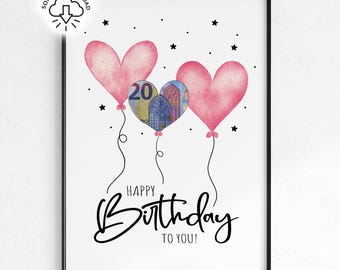 Printable Birthday Money Gift Template | Birthday Gift Poster with Heart Balloons | DIY Gift Wish Granter | Last Minute