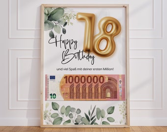 Regalo en efectivo para el primer millón por cumplir 18 años | Por fin regalo de cumpleaños número 18 | Idea de regalo Descargar PDF | cartel de cumpleaños