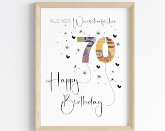 Cash gift for a 70th birthday | Wish-fulfilling birthday gift | Creative gift idea, instant PDF download | Round birthday poster
