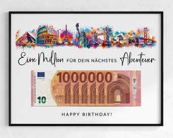 Birthday cash gift, travel fund, world trip gift, first million, last-minute gift, download for self-printing, PDF