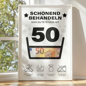 Geldgeschenk voor 50e verjaardag | behandel zachtjes verjaardagscadeau | creatief cadeau-idee Download PDF | Posterronde verjaardag