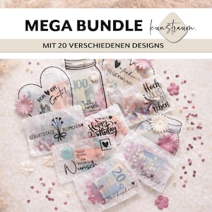 May include: A collection of clear cellophane bags filled with confetti, small paper flowers, and currency. The bags have various printed messages and designs, including "Happy Birthday" and "Mega Bundle". The image has text that reads "Mega Bundle" and "Mit 20 verschiedenen Designs".