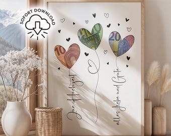 Wedding Money Gift PDF | Printable Wedding Gift | Wedding Heart Balloon Template | Money Card | Gift Idea | Instant Download