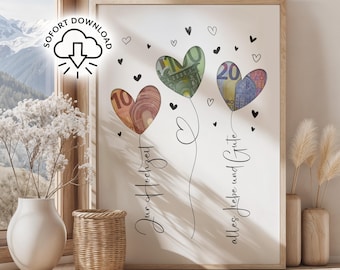 digitales Geldgeschenk Hochzeit PDF, Digitales Hochzeitsgeschenk zum Ausdrucken, Herzballons Vorlage, DIY Geldkarte, Sofortiger Download