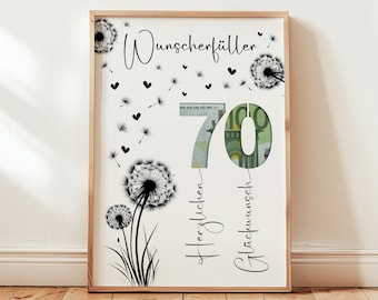 Cash gift for a 70th birthday | Wish-fulfilling birthday gift | Creative gift idea, instant PDF download | Round birthday poster