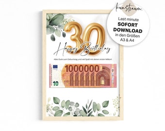 Cadeau en argent pour le 30e anniversaire | premier million | Cadeau d'anniversaire | Cadeau d’anniversaire de dernière minute PDF Téléchargement instantané | Cadeau