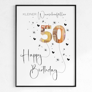 Geldcadeau voor je 50e verjaardag | Wensvervuller verjaardagscadeau | creatief cadeau-idee direct downloaden PDF | Ronde verjaardagsposter
