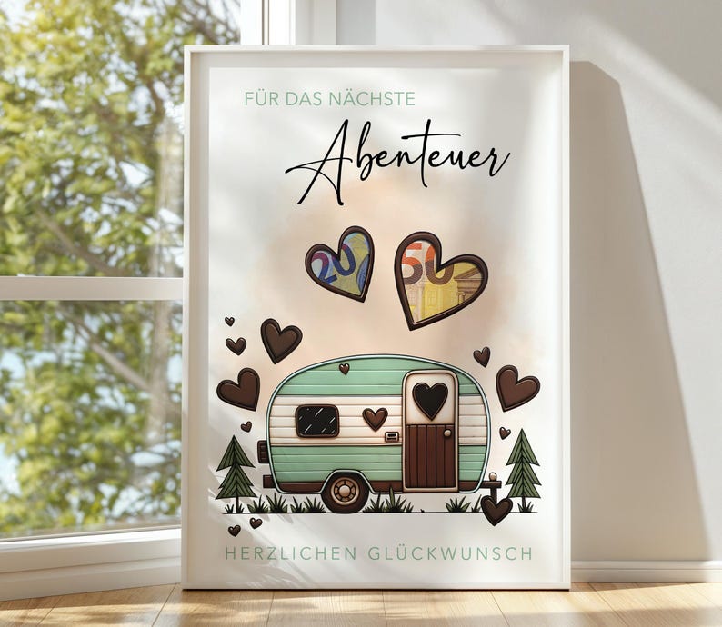 May include: A framed print featuring a teal and white camper illustration with brown heart accents. The print includes the German text "F&uuml;r das n&auml;chste Abenteuer" and "Herzlichen Gl&uuml;ckwunsch". Two heart-shaped designs display the numbers 20 and 50.