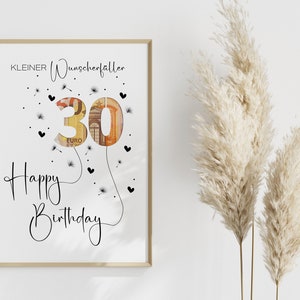 Peut inclure: Une carte blanche avec un cadre dor&eacute; pr&eacute;sente un message d'anniversaire avec le chiffre 30 r&eacute;alis&eacute; &agrave; partir d'un billet d'euro. Le texte indique "KLEINER Wunscherf" et "Happy Birthday".