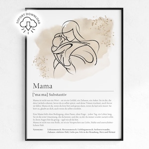 Peut inclure: Une affiche encadrée avec un dessin au trait minimaliste d'une mère embrassant son enfant. L'œuvre est en noir et blanc, avec un fond aquarelle beige clair. Le mot "Mama" est affiché en dessous, avec une définition.