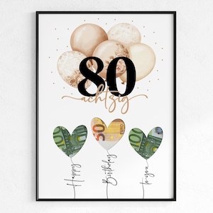 Cartaz de presente de aniversário de 80 anos em dinheiro • Ideia de presente em dinheiro • Download instantâneo em PDF • Ideia original para um aniversário redondo • Presente de última hora em dinheiro