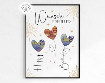 Regalo di compleanno in denaro | Chi esaudisce i desideri | Regalo dell'ultimo minuto | Download PDF immediato | Idea regalo | Immagine del poster del regalo di compleanno