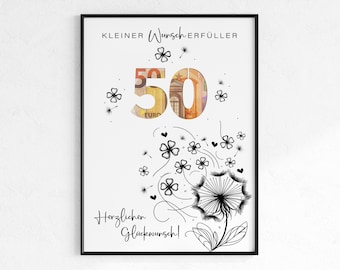 Geldgeschenk voor 50e verjaardag | Wensvervullend verjaardagscadeau | creatief cadeau-idee direct downloaden PDF | Posterronde verjaardag